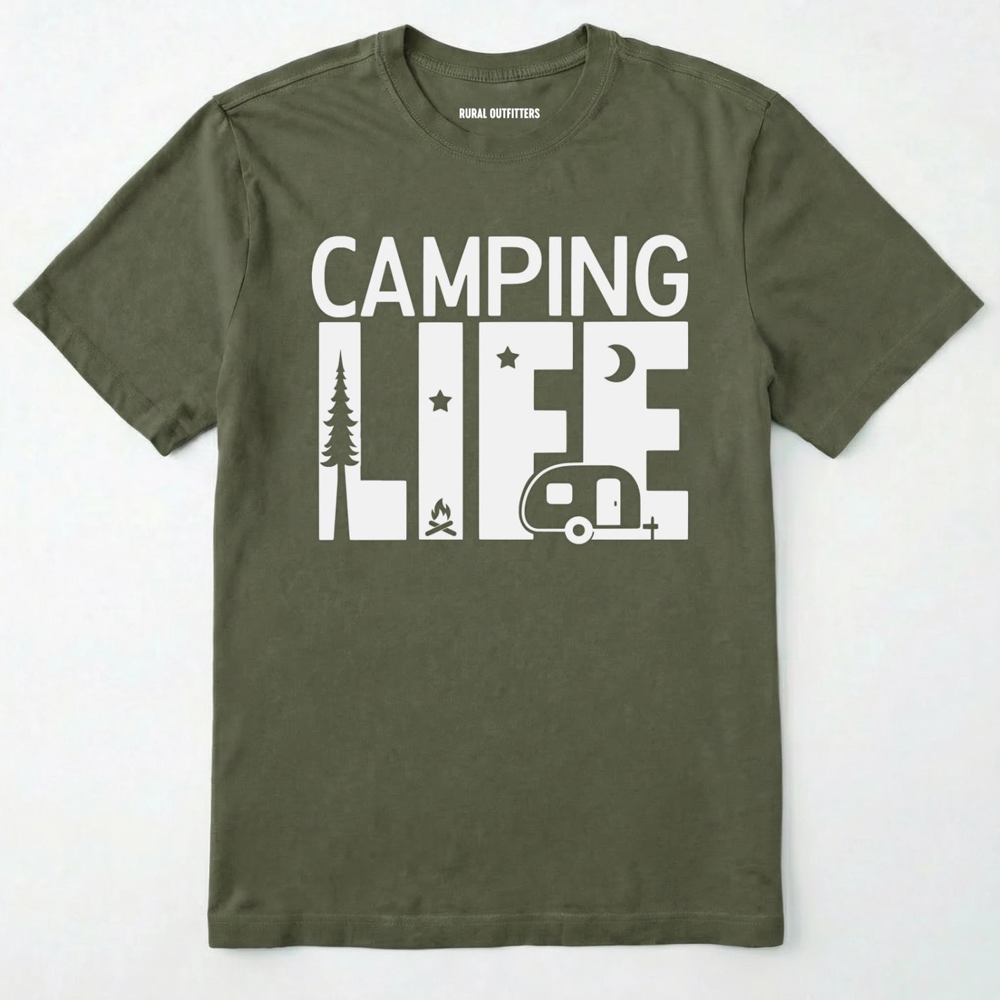 Military Green camp life shirt featuring a camper and a pine tree design on a white background.