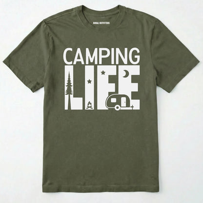 Military Green camp life shirt featuring a camper and a pine tree design on a white background.