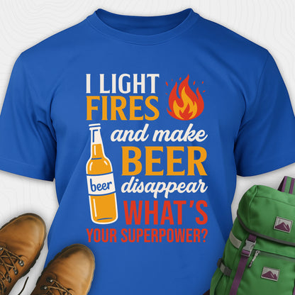 Blue funny beer shirt featuring fire and beer bottle graphic