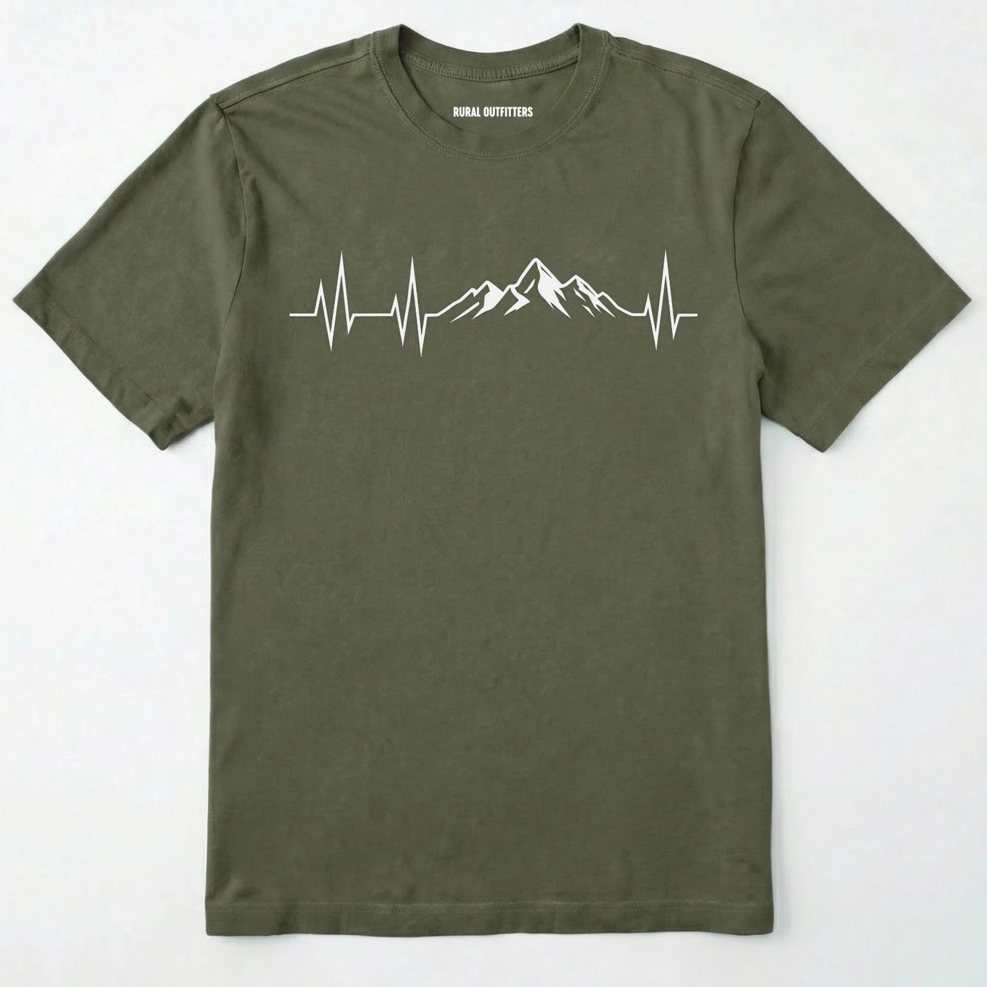 Military Green mountain heartbeat t-shirt featuring heartbeat and mountain peaks on a white background.