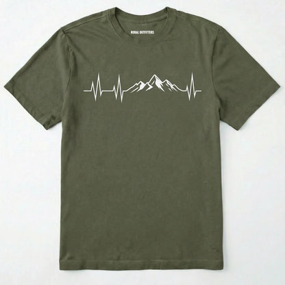 Military Green mountain heartbeat t-shirt featuring heartbeat and mountain peaks on a white background.