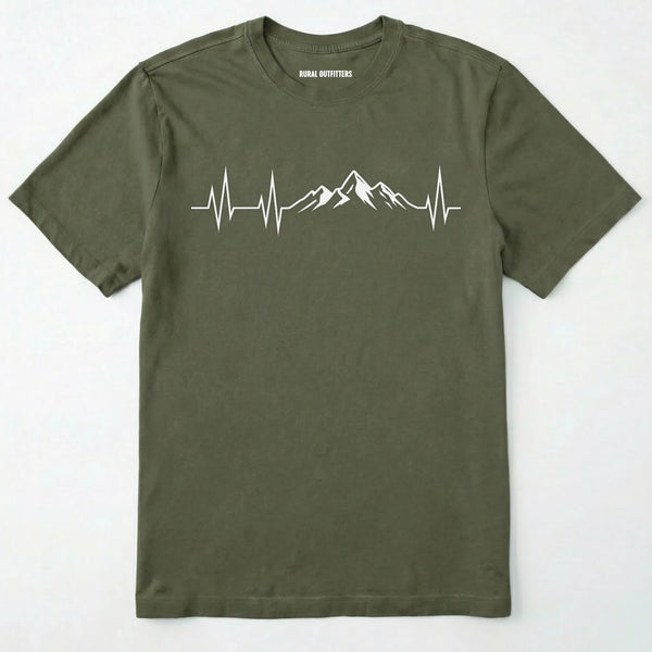 Military Green mountain heartbeat t-shirt featuring heartbeat and mountain peaks on a white background.