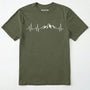 Military Green mountain heartbeat t-shirt featuring heartbeat and mountain peaks on a white background.