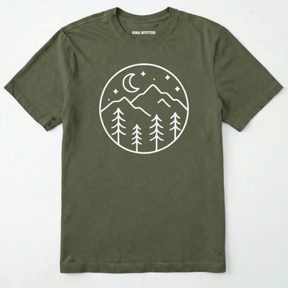 Military Green moon and stars shirt with minimalist mountain and forest design on a white background.