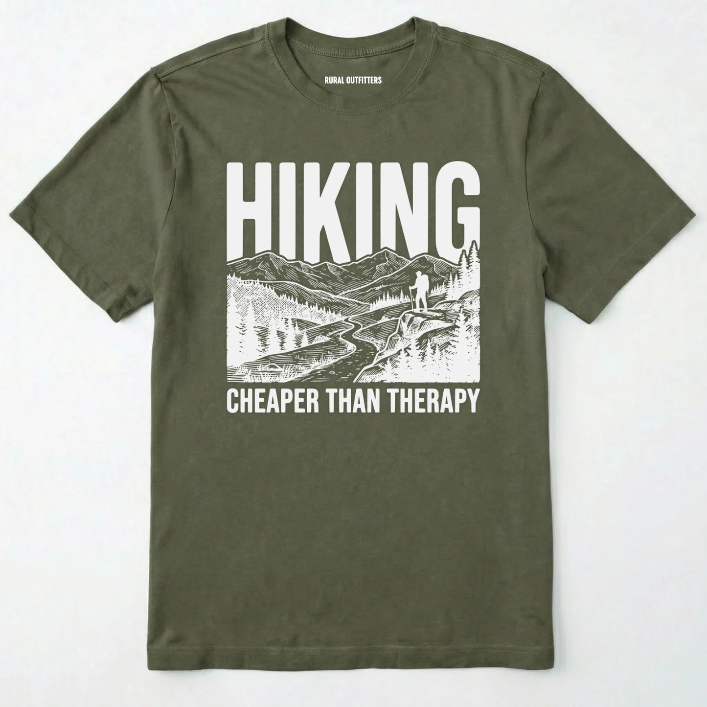 Military Green t-shirt with hiking graphic and text on a white background