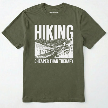 Military Green t-shirt with hiking graphic and text on a white background
