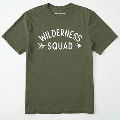 Military Green wilderness t-shirt with a simple arrow graphic on a white background.