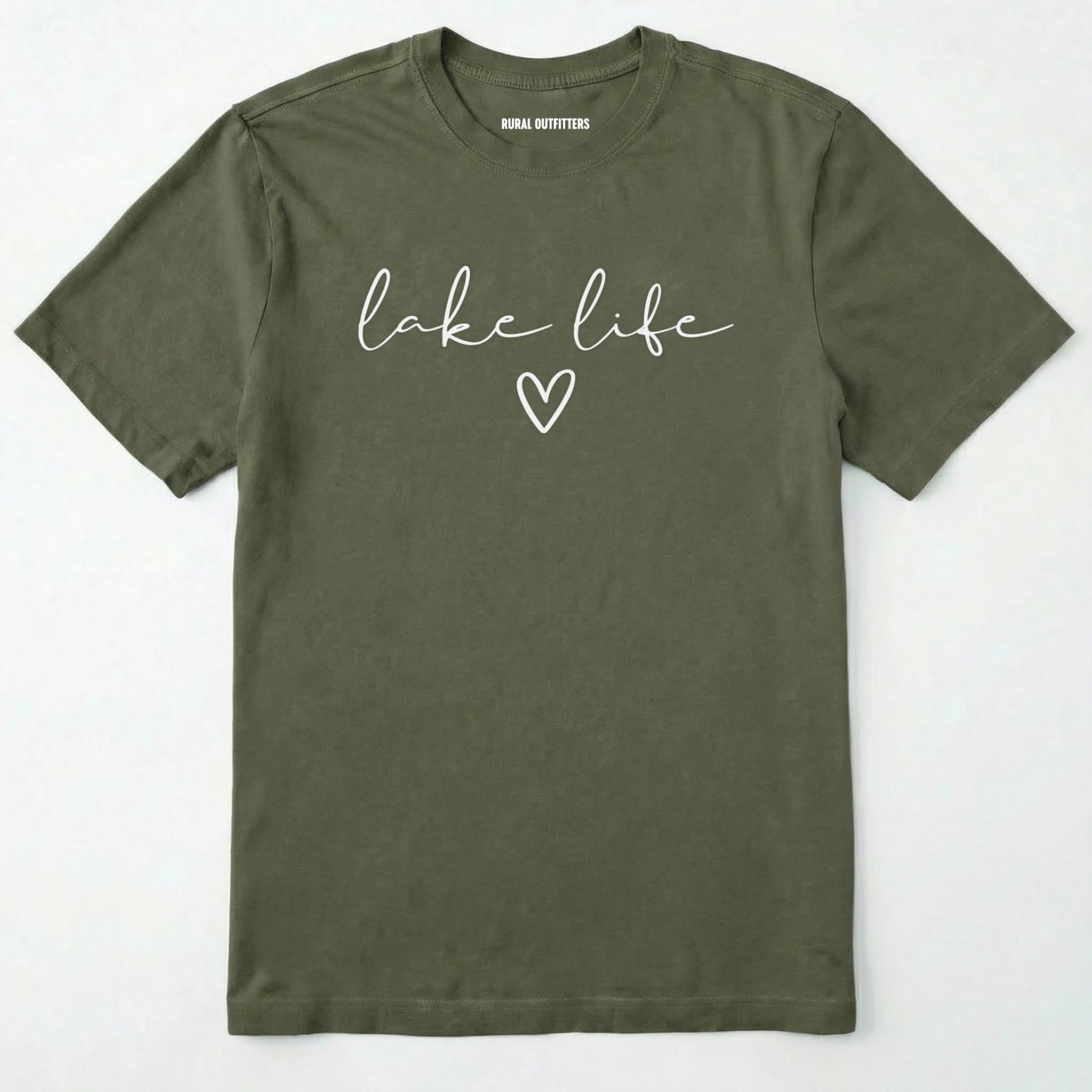 Military Green lake life shirt with 'lake life' text and heart graphic.
