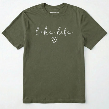 Military Green lake life shirt with 'lake life' text and heart graphic.