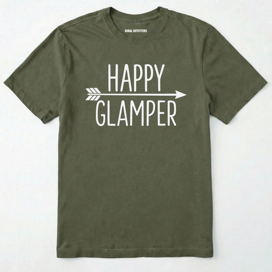 Military Green happy glamper shirt with 'HAPPY GLAMPER' text and arrow design on a white background