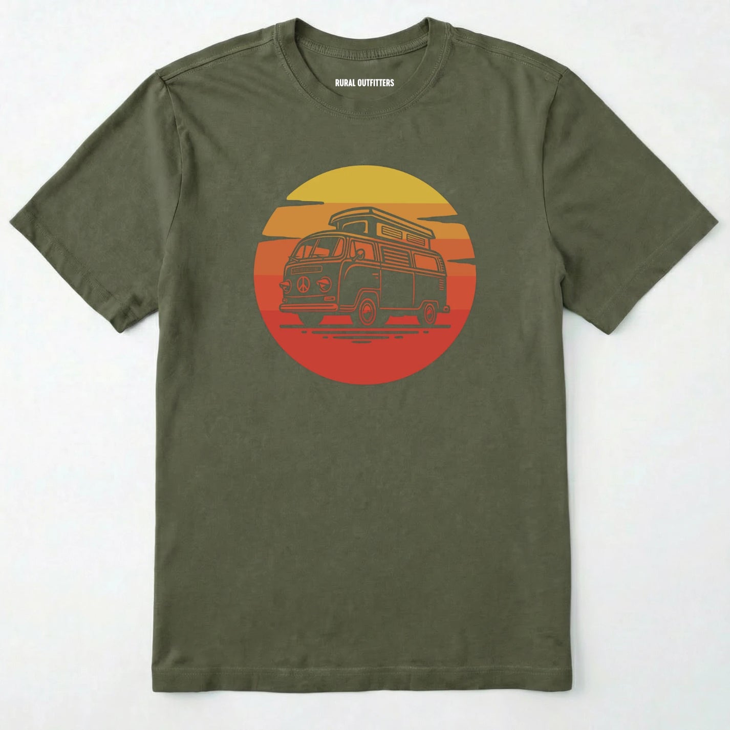 Military Green camper shirt featuring a vintage rv design with a warm sunset.