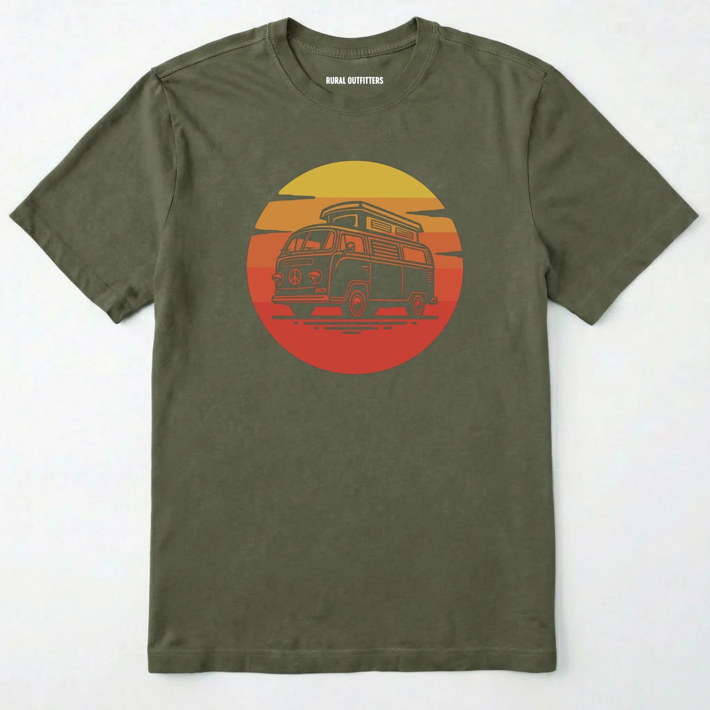 Military Green camper shirt featuring a vintage rv design with a warm sunset.