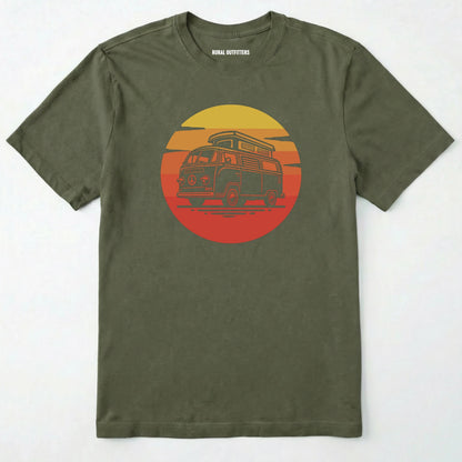 Military Green camper shirt featuring a vintage rv design with a warm sunset.