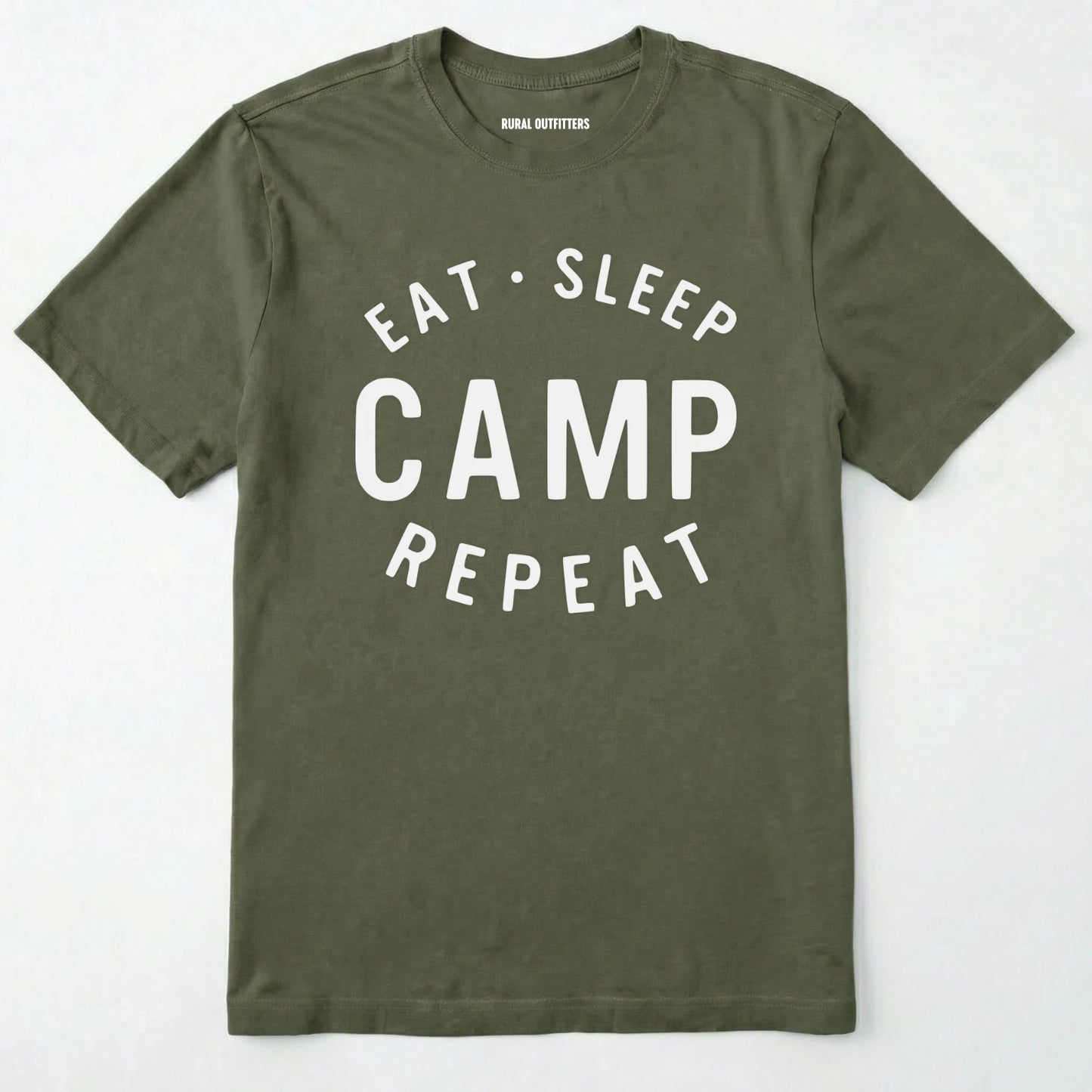 Military Green eat sleep camp repeat t-shirt with bold text on a white background.