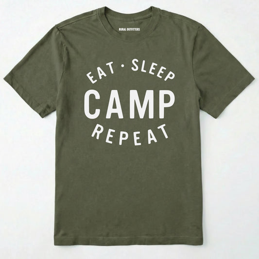 Military Green eat sleep camp repeat t-shirt with bold text on a white background.