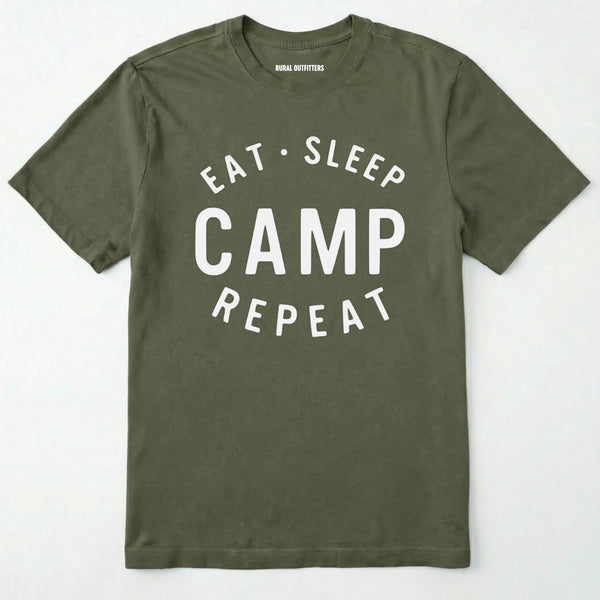 Military Green eat sleep camp repeat t-shirt with bold text on a white background.