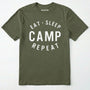 Military Green eat sleep camp repeat t-shirt with bold text on a white background.