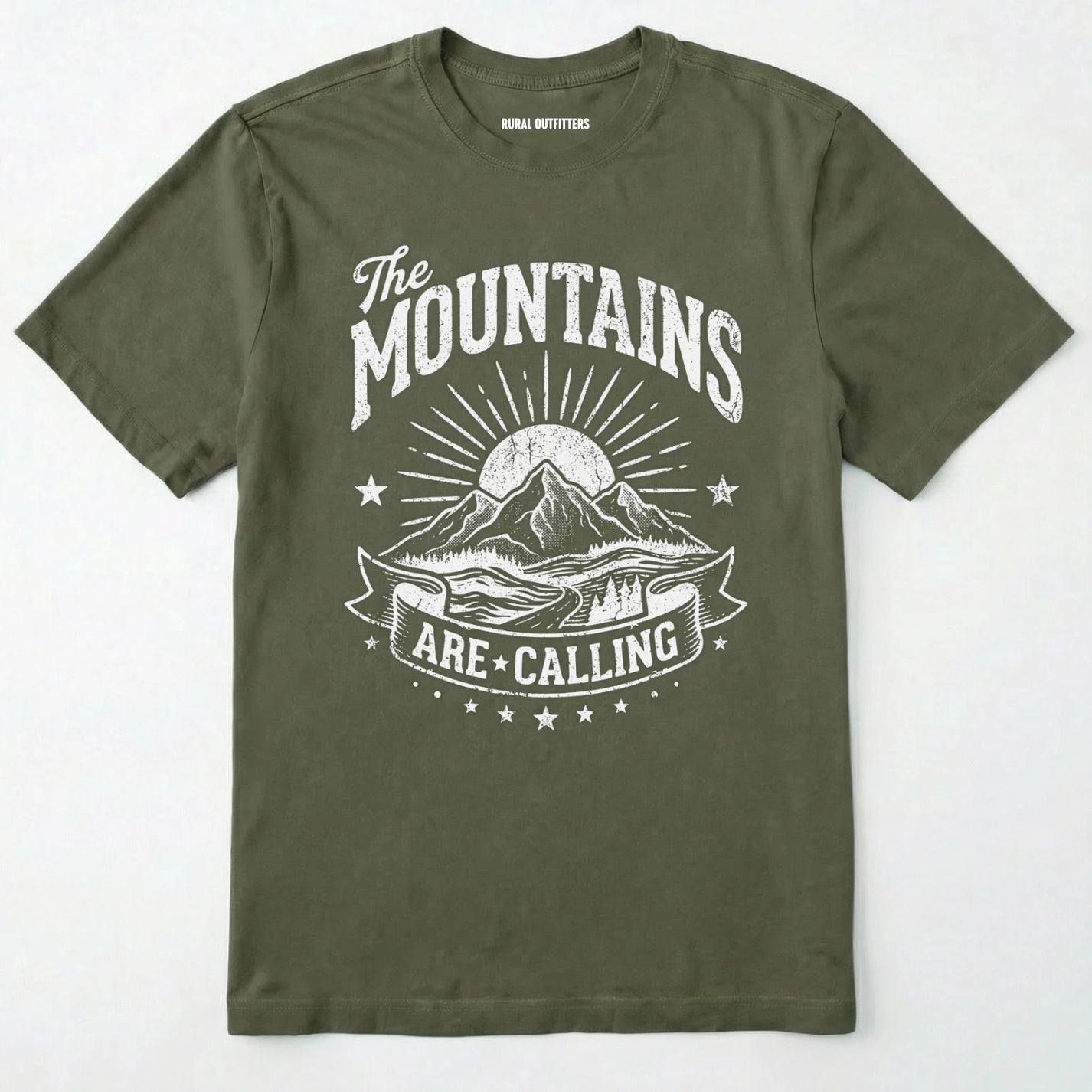 Military Green t-shirt with 'the mountains are calling' graphic design on a white background