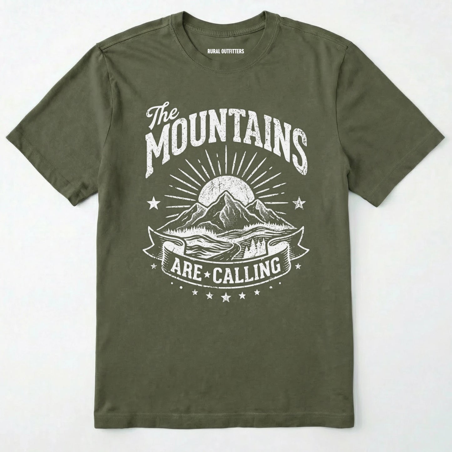 Military Green t-shirt with 'the mountains are calling' graphic design on a white background