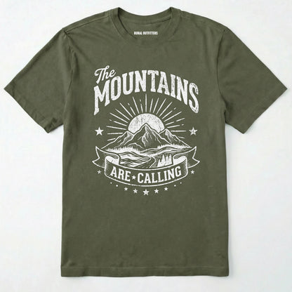 Military Green t-shirt with 'the mountains are calling' graphic design on a white background