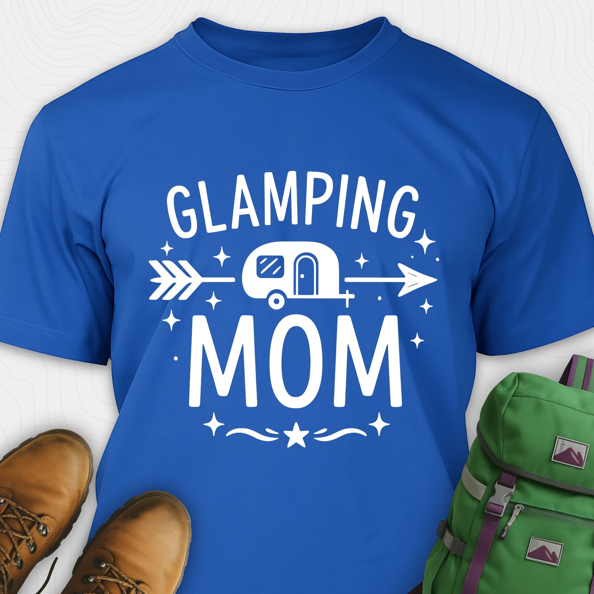 Blue glamping mom shirt with camper and arrow design