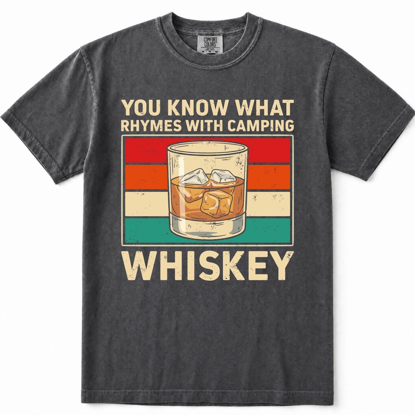 Pepper gray crewneck t-shirt featuring a retro-style graphic with the text 'YOU KNOW WHAT RHYMES WITH CAMPING WHISKEY' and an illustration of a whiskey glass, set against a plain white background.