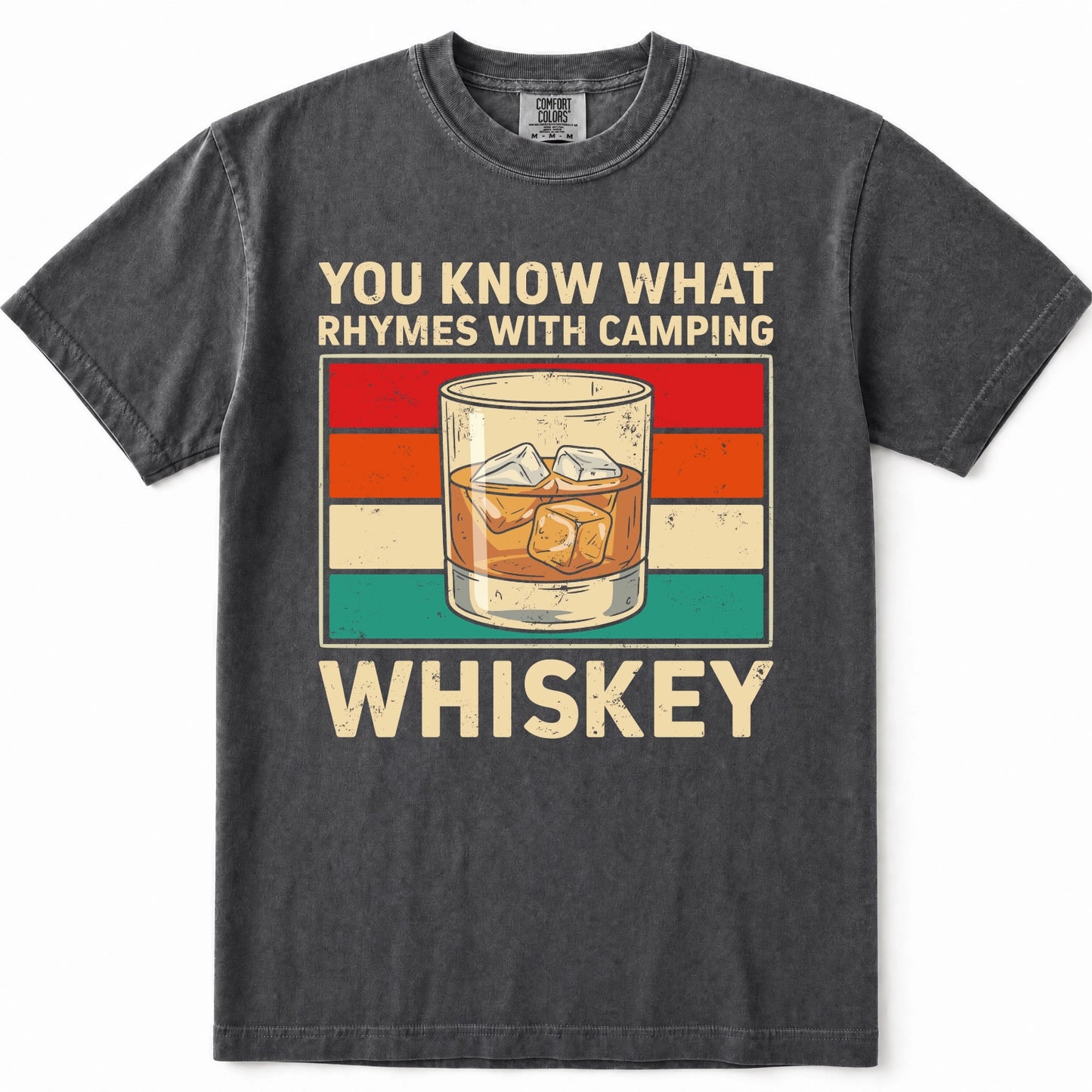 Pepper gray crewneck t-shirt featuring a retro-style graphic with the text 'YOU KNOW WHAT RHYMES WITH CAMPING WHISKEY' and an illustration of a whiskey glass, set against a plain white background.