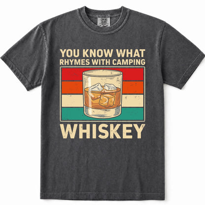 Pepper gray crewneck t-shirt featuring a retro-style graphic with the text 'YOU KNOW WHAT RHYMES WITH CAMPING WHISKEY' and an illustration of a whiskey glass, set against a plain white background.