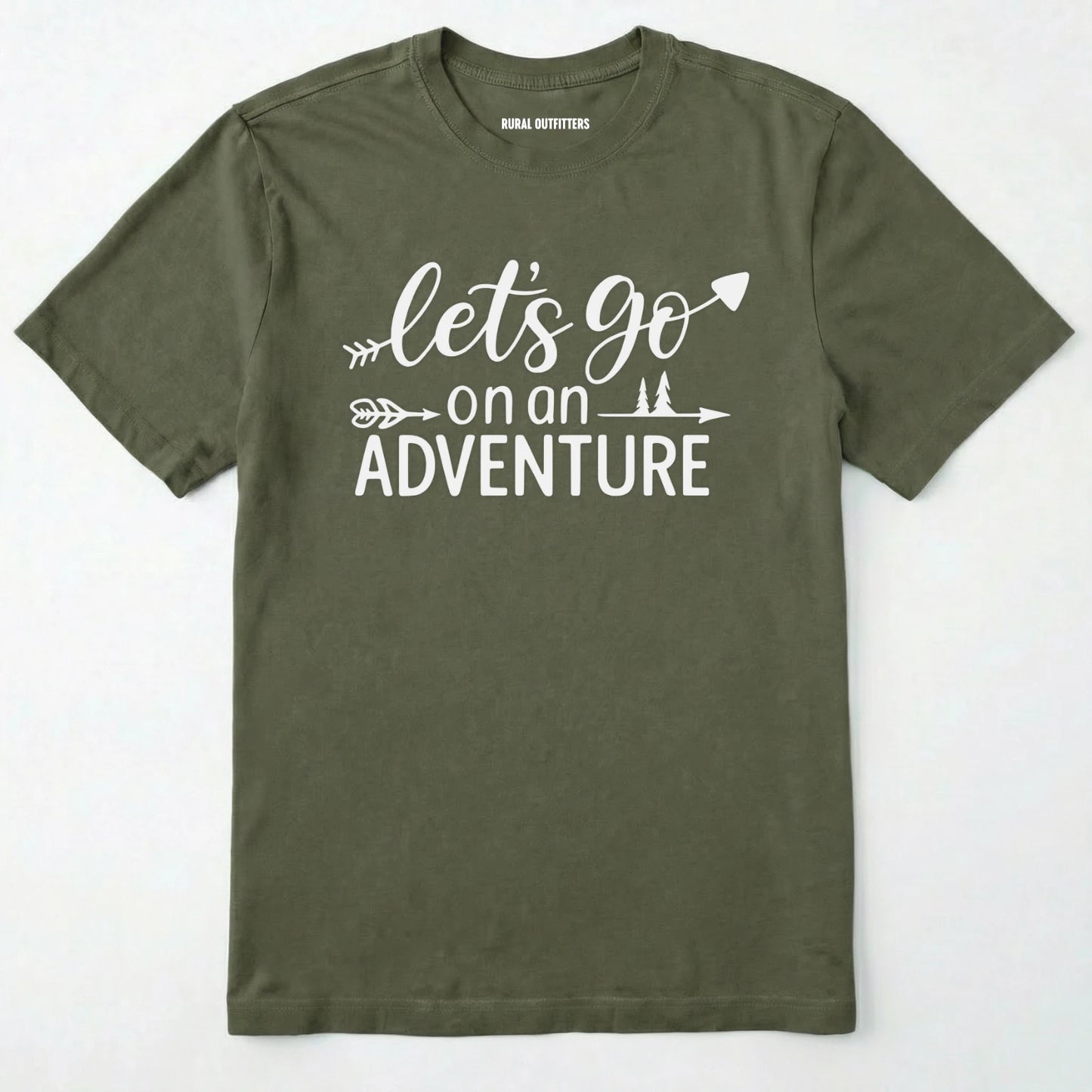 Military Green lets go on an adventure shirt with an arrow and trees graphic on a light grey background.