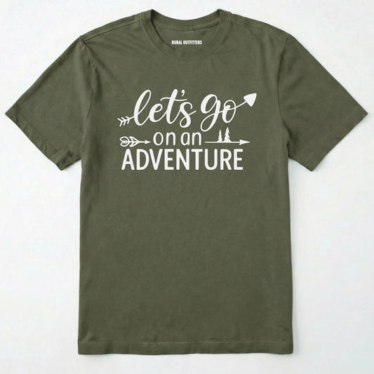 Military Green lets go on an adventure shirt with an arrow and trees graphic on a light Sport Grey background.