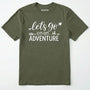 Military Green lets go on an adventure shirt with an arrow and trees graphic on a light grey background.
