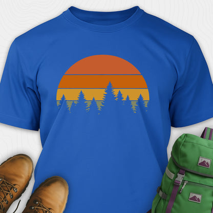 Blue vintage sunset t-shirt with retro forest silhouette graphic