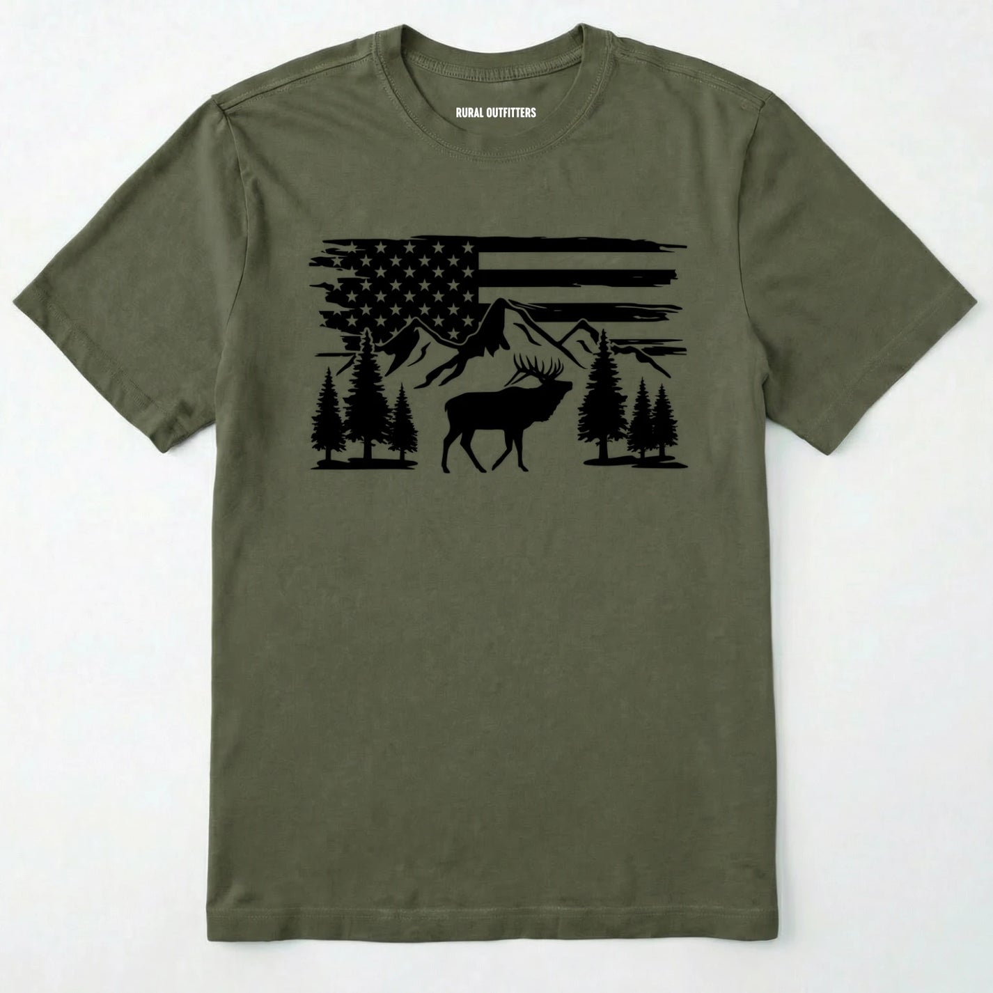 Military Green deer t-shirt with black graphic design of an american flag, trees, and a elk graphic.
