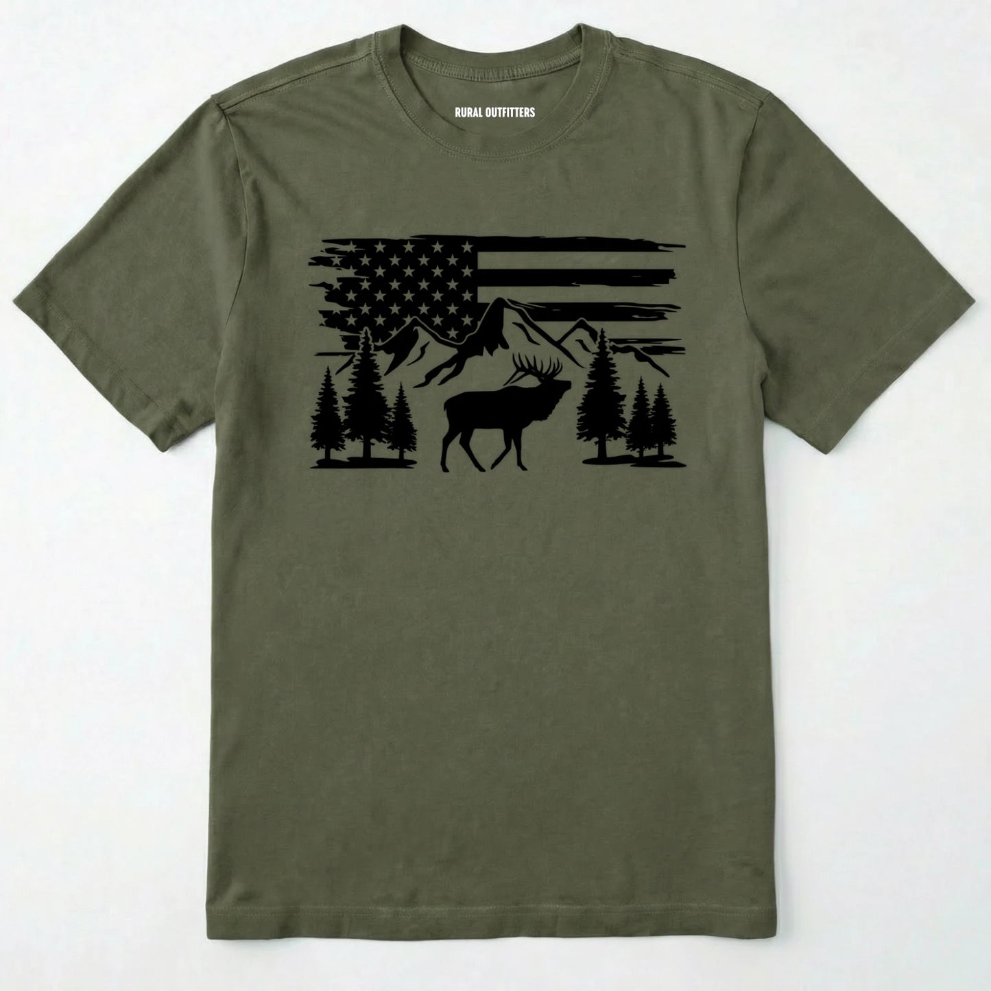 Military Green deer t-shirt with black graphic design of an american flag, trees, and a elk graphic.