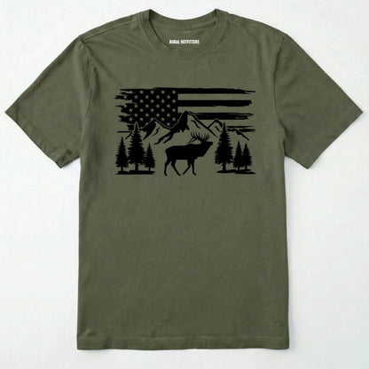 Military Green deer t-shirt with black graphic design of an american flag, trees, and a elk graphic.