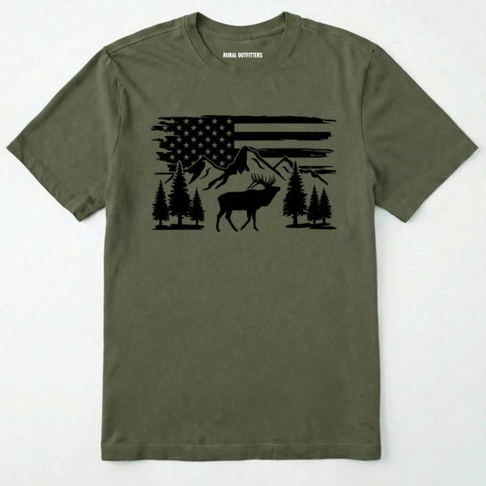 Military Green deer t-shirt with black graphic design of an american flag, trees, and a elk graphic.