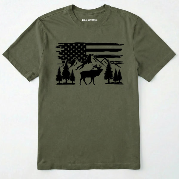 Military Green deer t-shirt with black graphic design of an american flag, trees, and a elk graphic.