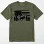 Military Green deer t-shirt with black graphic design of an american flag, trees, and a elk graphic.