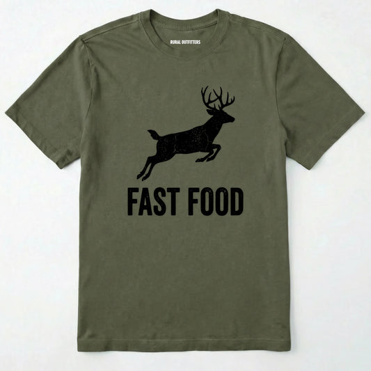 Military Green t-shirt with black deer graphic and 'fast food' text on a white background