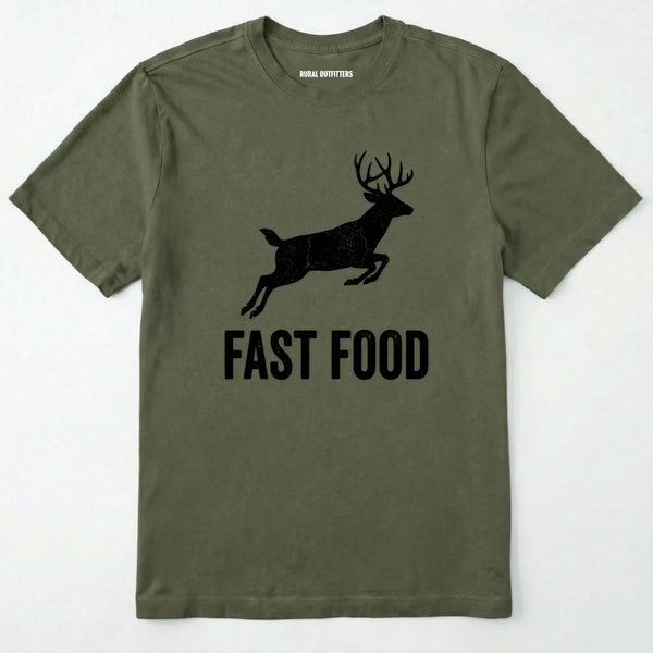 Military Green t-shirt with black deer graphic and 'fast food' text on a white background