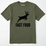 Military Green t-shirt with black deer graphic and 'fast food' text on a white background