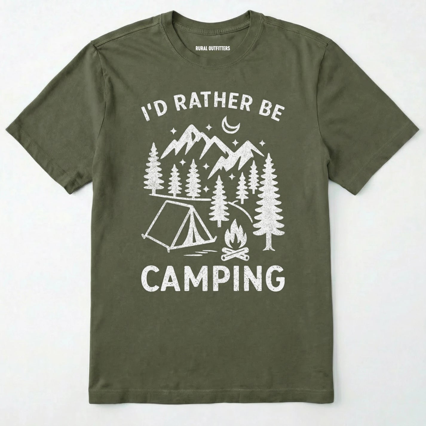 Military Green t-shirt with 'i'd rather be camping' text and camping graphic on a white background