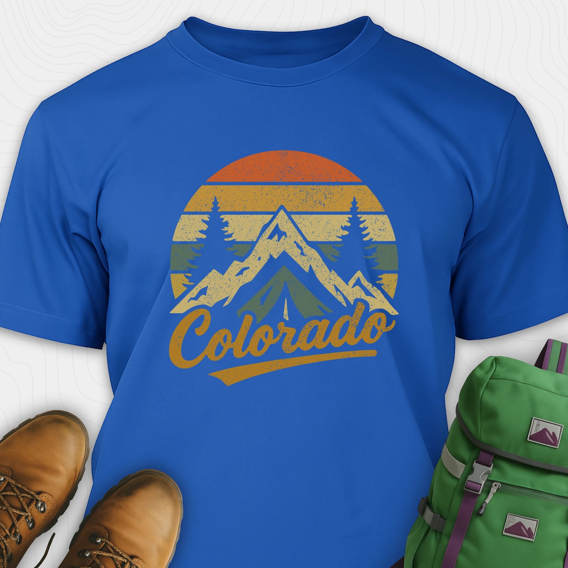 Blue colorado t-shirt with retro sunset and mountain design