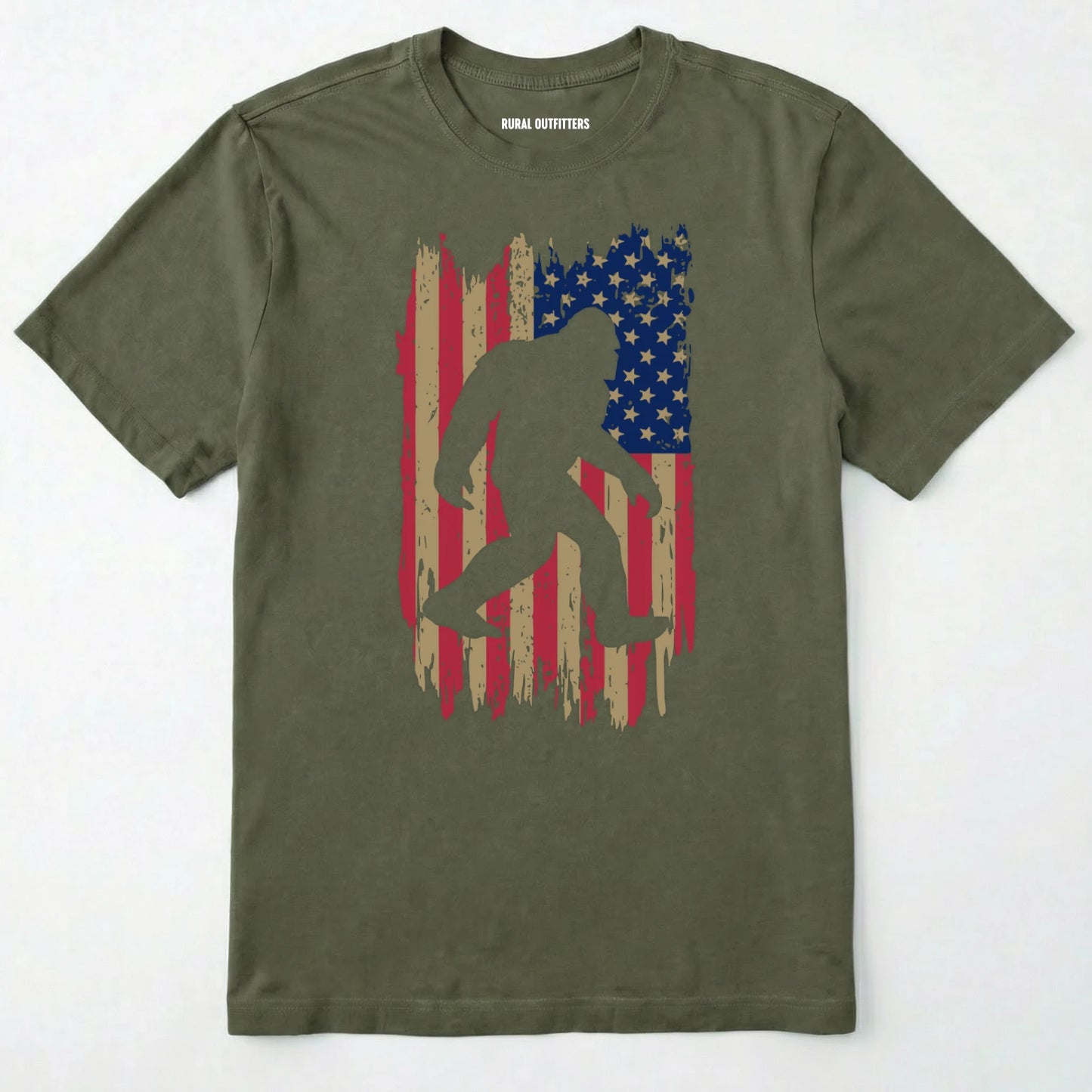 Military Green bigfoot american flag shirt featuring patriotic grunge background