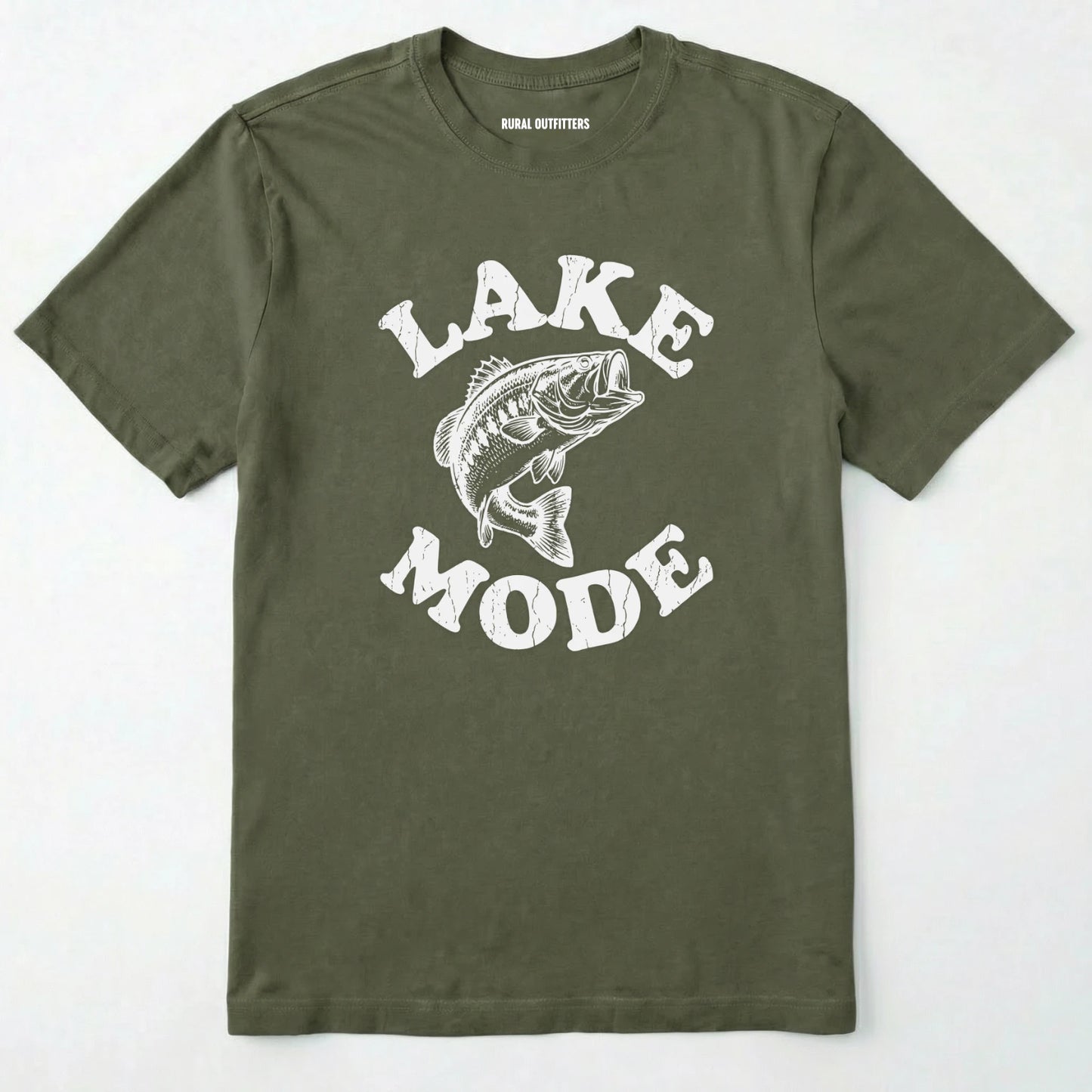 Military Green t-shirt with 'lake mode' graphic and fish illustration on a white background