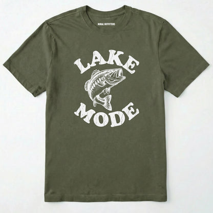 Military Green t-shirt with 'lake mode' graphic and fish illustration on a white background