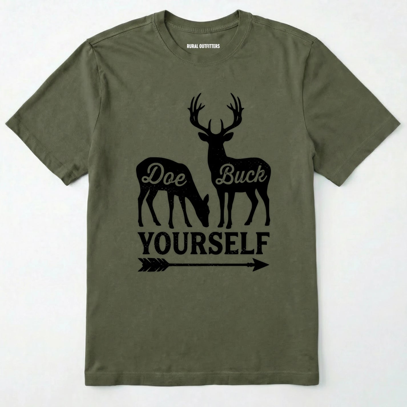 Military Green t-shirt with white graphic of deer and text 'doe buck yourself' on a white background