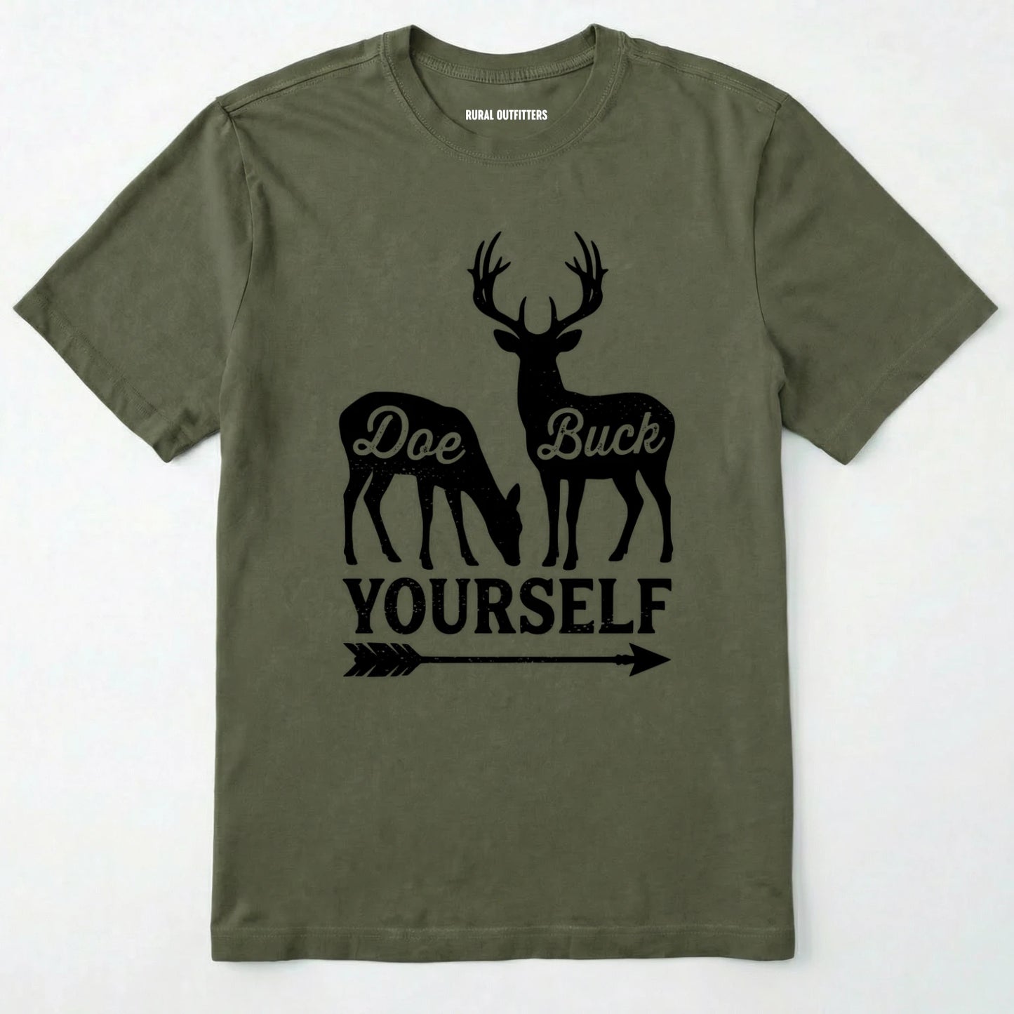 Military Green t-shirt with white graphic of deer and text 'doe buck yourself' on a white background