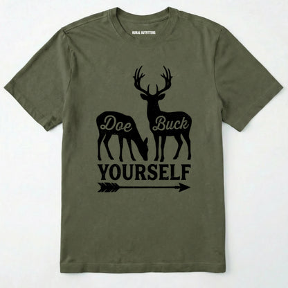 Military Green t-shirt with white graphic of deer and text 'doe buck yourself' on a white background