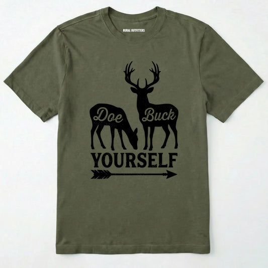 Military Green t-shirt with white graphic of deer and text 'doe buck yourself' on a white background